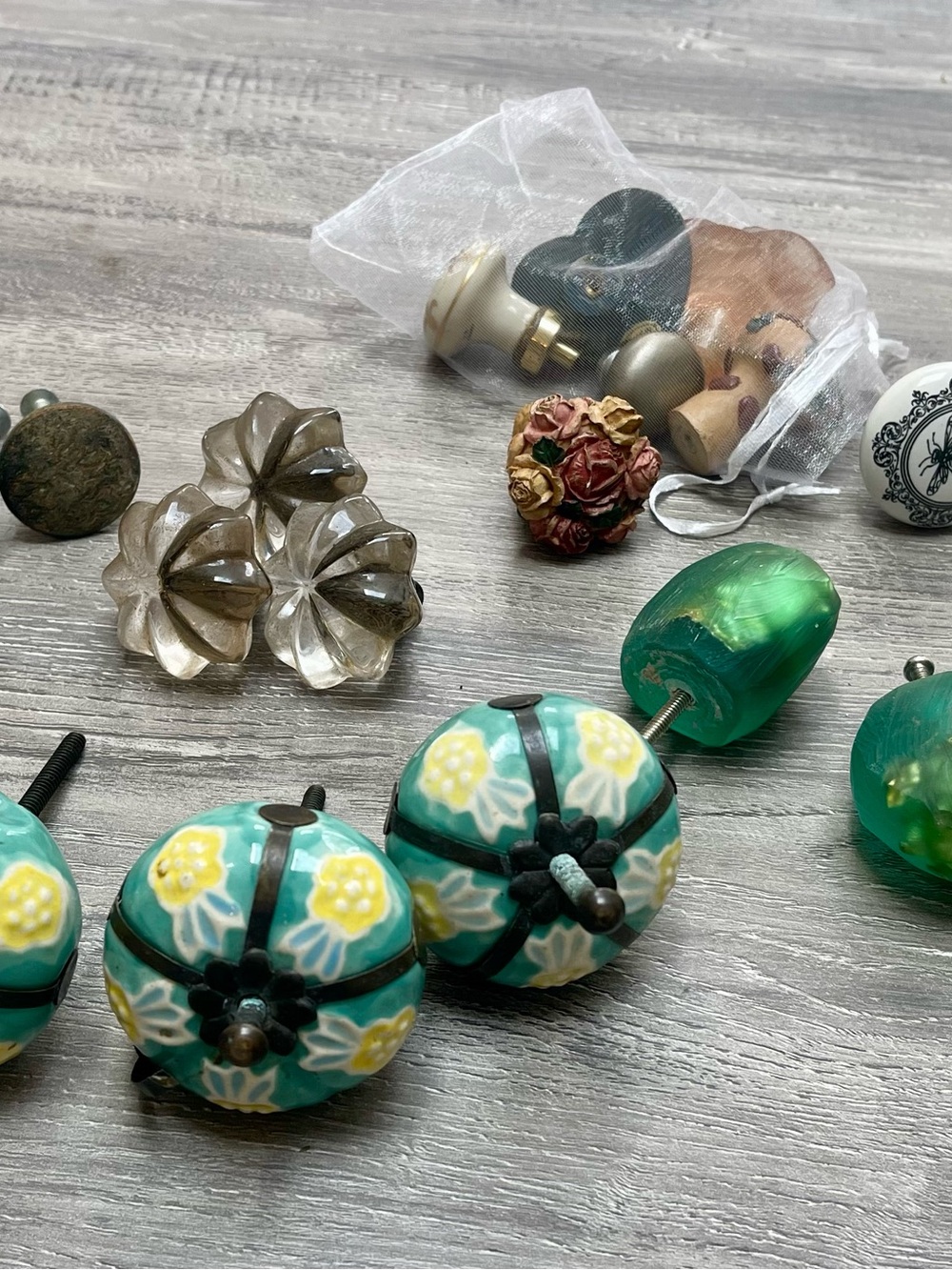 Assorted Antique Drawer Knobs - Floral & Ceramic Mix in multi stone/metals